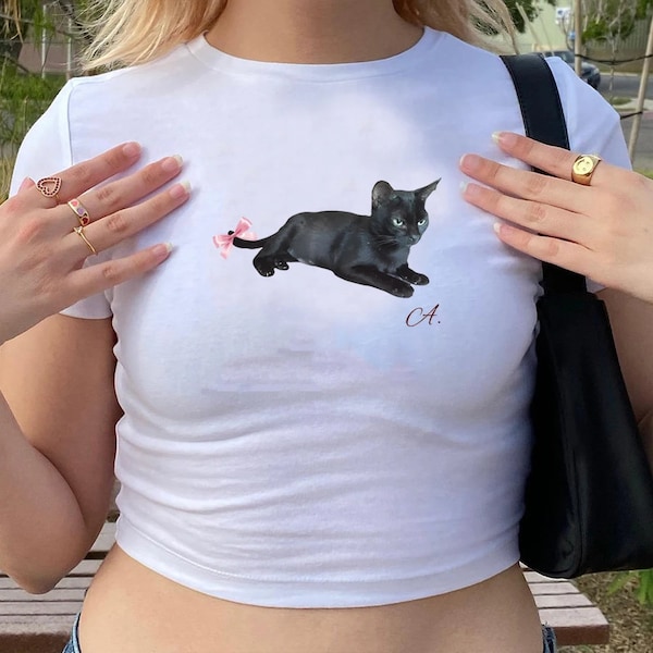 Cat with Bow Preppy Baby Tee 90s Style Full Length Baby Tee for Women Cat Aesthetic Clothing Shirt Cat Lover Shirt Y2k Top
