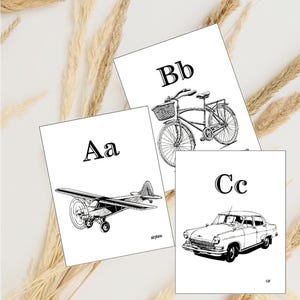 Vintage alfabetkaarten of -posters. Zwart + crèmekleurig. Afdrukbare items. Klasinrichting. Leermiddel voor de kleuterschool. Educatieve kaarten.