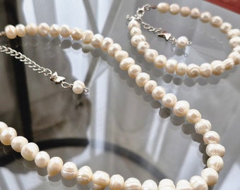 Real Pearl Necklace Bracelet Set