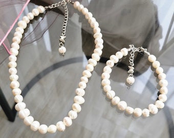 Real Pearl Necklace Bracelet Set