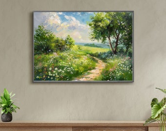 Springtime Meadow Path Painting | Vintage Landscape Print | Country Field PRINTABLE Digital Download