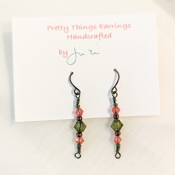 Olive and Pink Crystal Dangle Drop Earrings (#21)