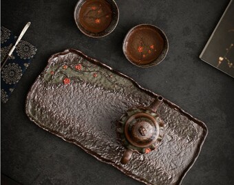 Retro Ceramic [Embossed Plum Blossom] Tea Tray [YIQIN TEAWARE]
