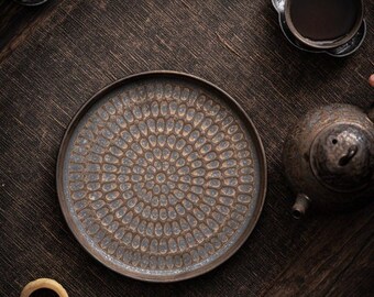 Retro Gilded Round Ceramic Tea Tray [YIQIN TEAWARE]