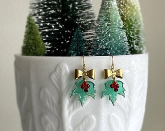 NEW Gold Christmas Holly Berry Leaf Earrings - Red Berries - Winter Snow Glitter Leaves - Choose Ear wire - Gift for Her