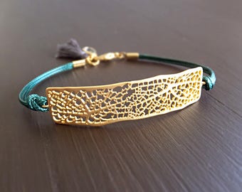 Gold Leaf Vein Bar Bracelet - Leaf Venation Charm - Green Cord - Botanical Jewelry - Gift for Her - Botanist Gift