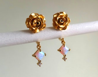 Gold Rose Flower Opal Ear Jacket Stud - October Gemstone - Tiny Cubic Zironicia - Opal Square Cab - Gift for Her
