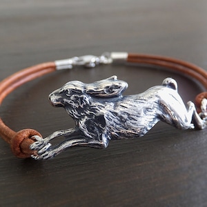 Antique Silver Rabbit Bracelet - Hare Hollow Charm - Cognac Leather Cord - Made in USA - Women Gift - Gift for Her