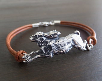 Antique Silver Rabbit Bracelet - Hare Hollow Charm - Cognac Leather Cord - Made in USA - Women Gift - Gift for Her