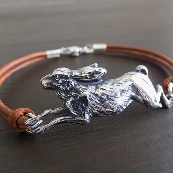 Antique Silver Rabbit Bracelet - Hare Hollow Charm - Cognac Leather Cord - Made in USA - Women Gift - Gift for Her