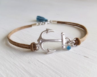 New Anchor Charm Bracelet For Women - Silver Anchor Bracelet - Blue Cubic - Aquamarine Tassel - Friendship Jewelry