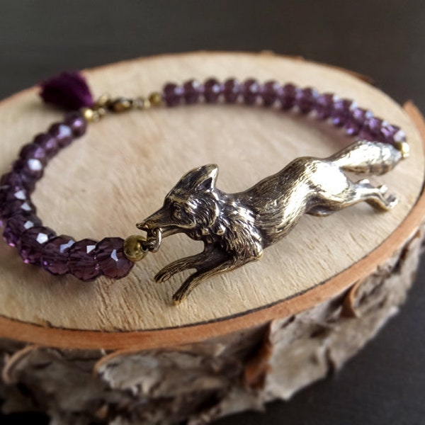 Antique Dark Gold Fox Bracelet - Purple Faceted Beads - Fox Figurine Charm - Gift for Her - Tassel Bracelet