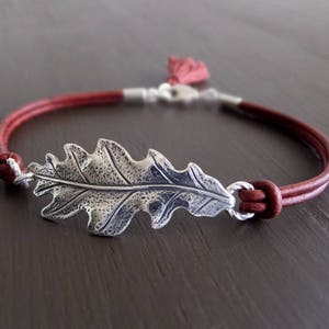 Autumn Oak Leaf Bracelet - Silver Oak Leaf Charm - Burgundy Leather - Gift for Her - Tassel Bracelet / Boho Bracelet - Mothers Day Jewelry
