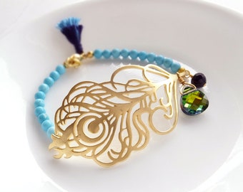 Gold Peacock Bracelet - Blue Turquoise Gemstone Beads - Feather Charm Bracelet - Gift for Her - Women Gift - Boho Feather