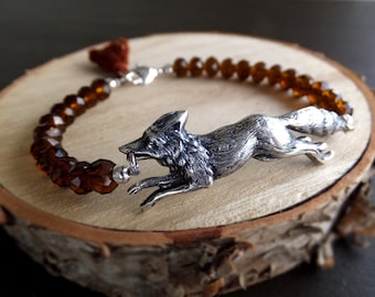 Antique Large Silver Fox Bracelet - Dark Auburn Faceted Beads - Wildlife Wanderlust - Fox Figurine - Gift for Her - Womens Gift