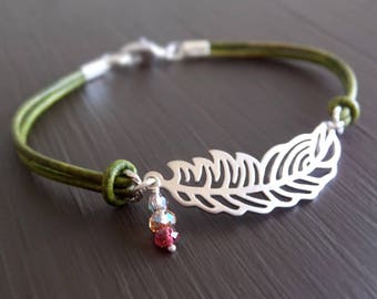 Feather Bracelet - Silver Feather Charm - Leaf Feather - Green Leather Cord - Faceted Bead - Gift for Her - Stacking Bracelet