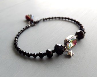 Kaleidoscope Bracelet - Rainbow Crystal Jewelry - Black Crystal Beaded - Sun Burst - Gift for Her - Tassel Charm - Girlfriend Gift