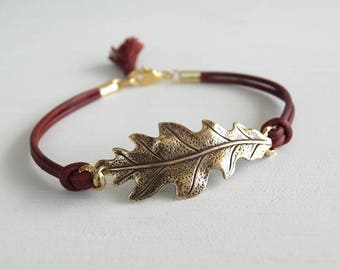 Gold Oak Leaf Bracelet - Burgundy Leather Cord - Gift for Her - Women Gift - Girlfriend Gift - Autumn Leaf