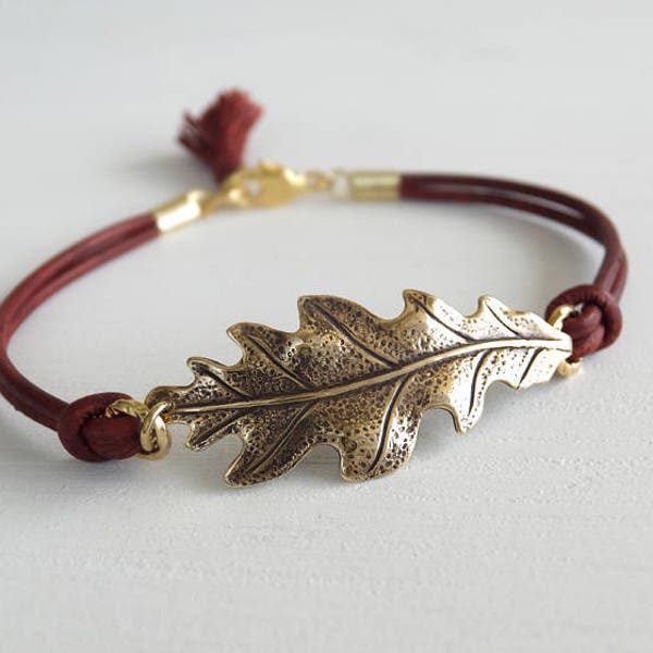 Gold Oak Leaf Bracelet - Burgundy Leather Cord - Gift for Her - Women Gift - Girlfriend Gift - Autumn Leaf