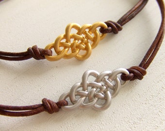 Endless Knot Bracelet - Friendship Bracelet - Brown Leather - Choose Color - Celtic Knot Charm - Celtic Karma - Gift for Woman Friend