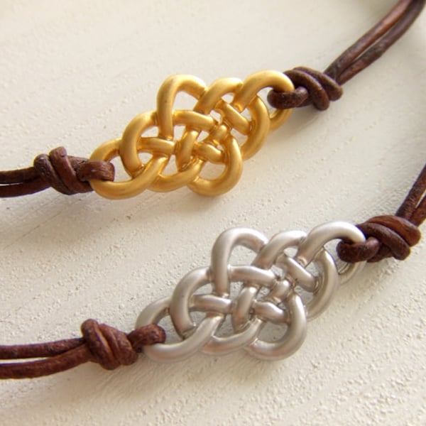 Endless Knot Bracelet - Friendship Bracelet - Brown Leather - Choose Color - Celtic Knot Charm - Celtic Karma - Gift for Woman Friend