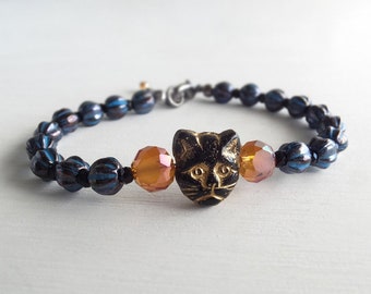 Halloween Night Cat Bracelet - Spooky Cute Cat - Black Cat Jewelry - Autumn Orange Crystals - Cute Kitty Face - Gift for Her