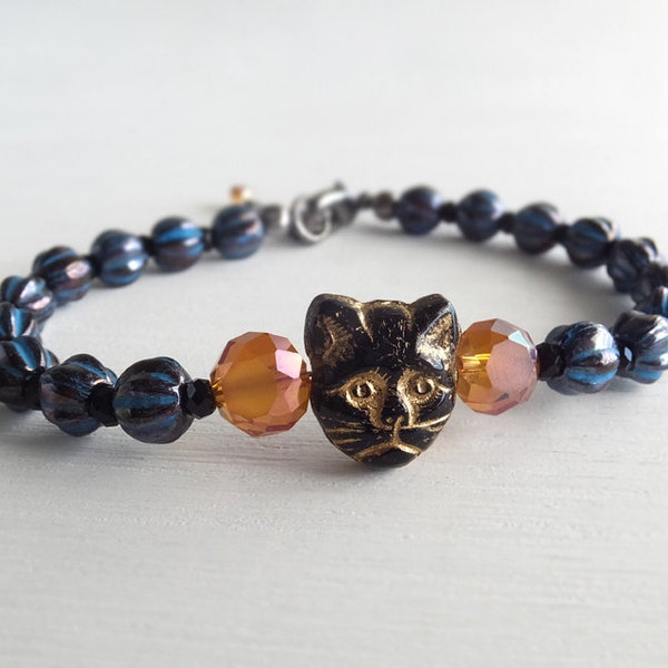 Halloween Night Cat Bracelet - Spooky Cute Cat - Black Cat Jewelry - Autumn Orange Crystals - Cute Kitty Face - Gift for Her