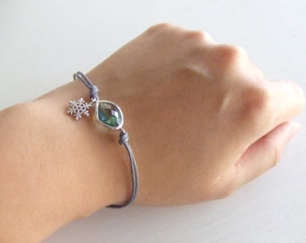 Winter Ice Mint Snowflake Bracelet - Silver Snowflake Charm - Mint Green - Gray Cord - Gift for Her - Snow Storm Bracelet - Ready to Ship