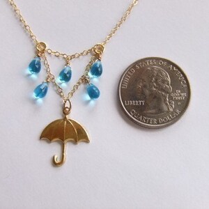 NEW Rainy Day Umbrella Jewelry Necklace 14K Gold Filled Brass Jewelry Droplets Singing in the Rain Meteorologists Gift for Her image 3