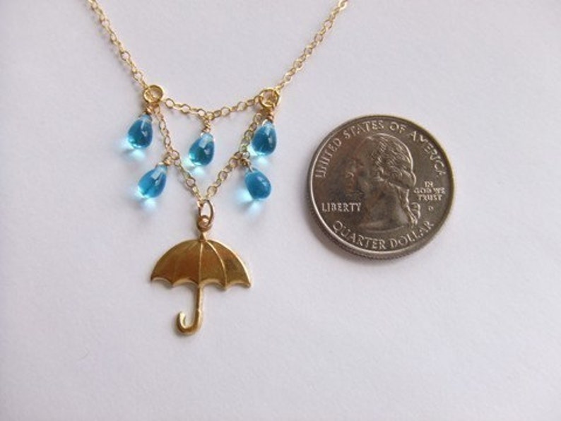 NEW Rainy Day Umbrella Jewelry Necklace 14K Gold Filled Brass Jewelry Droplets Singing in the Rain Meteorologists Gift for Her image 3