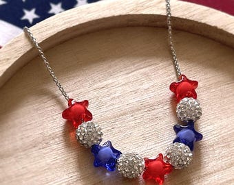 NEW Patriotic Star Necklace, Red White & Blue Sparkle Beads, Celebration 4th of July, 250th Anniversary