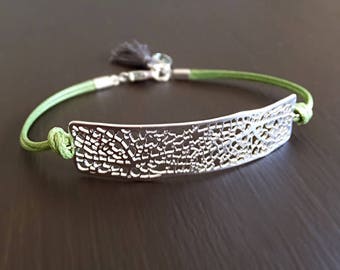 Silver Leaf Vein Bar Jewelry Bracelet - Leaf Venation Charm - Green Cord - Woodland Bracelet - Gift for Her - Garden Gift Ideas