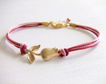 Rose Flower Bracelet - Romance Love Bracelet - Red and Pink Cord - Gold Rose Bud Charm - Gift for Her - Love Gift for Girlfriend - Mom Gift