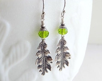 Silver Oak Leaf Earrings - Peridot Green Crystal - Choose Color Choice - Gift for Her - Women Gift  - Girlfriend Gift - Autumn Leaf