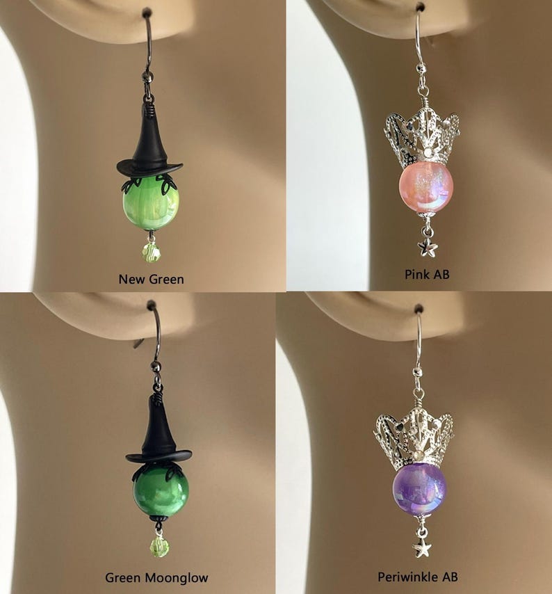 May include: Four pairs of dangle earrings. Two pairs feature a witch hat design with green orbs. The other two pairs have a crown design with pink or purple orbs. Each earring has a small star charm.