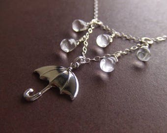 Rainy Day Umbrella Jewelry Necklace - Sterling Silver / Brass Jewelry - Water - Gift for Her - Singing in the Rain - Birthday Gift - Wife