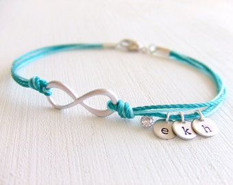 Back in Stock - Infinity Friendship Jewelry Bracelet - Family Personalized Charms  -  Light Aqua Blue Cords - Friendship Gift - Gift for Her