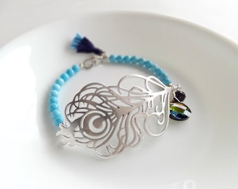 Silver Peacock Bracelet - Blue Turquoise Gemstone Beads - Feather Charm Bracelet - Gift for Her - Women Gift - Boho Feather