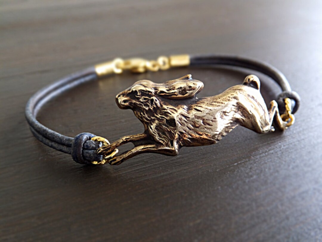 Rabbit Hare Bracelet Gold Brass Bunny Charm Jackrabbit Jewelry Grey