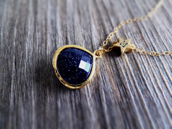Blue Goldstone Starry Night Necklace – Personalized Initial Star