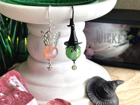 NEW Wicked For Good, Mix-n-match Pair Earrings, Glinda Crown & Elphaba Hat, Sterling Silver Earwires, Wicked Gifts
