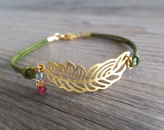 The Golden Feather Charm - Matte Gold Charm - Green Leather Cord - Faceted Beads - Gift for Her - Stacking Bracelet - Mothers Day Jewelry