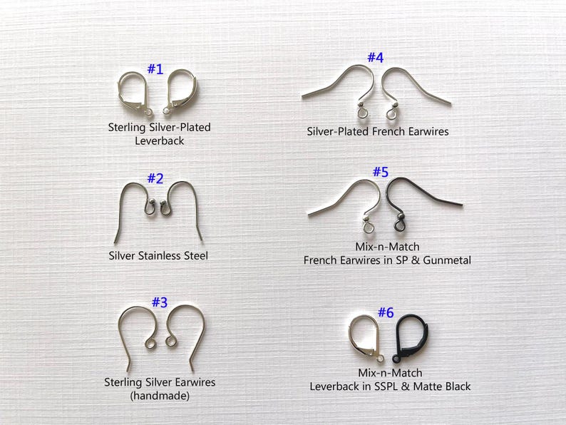 May include: A selection of earring findings, including leverbacks, French earwires, and handmade sterling silver earwires. The image shows various styles in silver and black, with text labels indicating the type of findings.