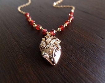 Gold Anatomical Heart Necklace - Garnet Gemstone - January Birthstone - Gold Filled Chain - Gift for Her - Girlfriend Gift - Heart Disease