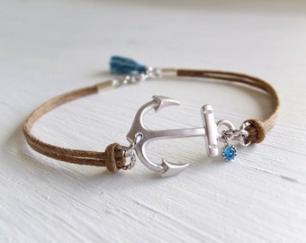 New Anchor Charm Bracelet For Women - Silver Anchor Bracelet - Blue Cubic - Aquamarine Tassel - Friendship Jewelry