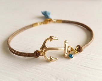 New Anchor Charm Bracelet - Minimalist Anchor Bracelet - Aquamarine Cubic - Blue Tassel - Friendship Jewelry - Gold Bracelet for Woman