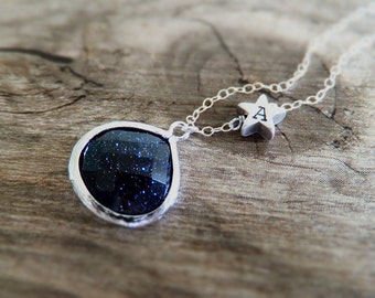 Starry Night Necklace Blue Goldstone - Personalized Gift - Constellation Gift - Silver Shooting Star - Gift for Her - Christmas in July