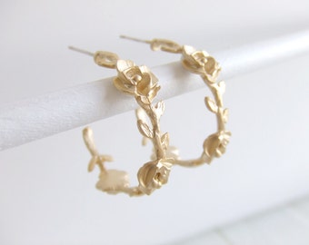 Rose Vine Earrings - 16K Gold Plated - Hoop Earrings - Gift for Her - Beauty and the Beast - Belle - Valentines Day Gift
