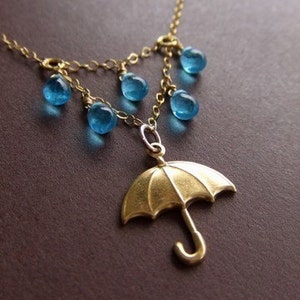 NEW Rainy Day Umbrella Jewelry Necklace 14K Gold Filled Brass Jewelry Droplets Singing in the Rain Meteorologists Gift for Her image 1