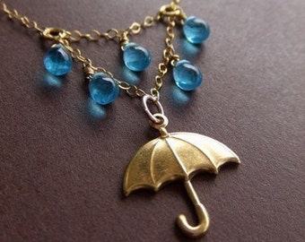 Gold Filled Umbrella Necklace – Brass Pendant with Aqua Blue Czech Glass Droplets